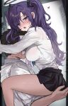  1boy 1girl black_hair black_skirt blue_archive blush breasts heart highres large_breasts long_hair long_sleeves open_mouth pleated_skirt purple_eyes purple_hair saya_(mychristian2) sensei_(blue_archive) shirt short_hair skirt thighs two_side_up white_shirt yuuka_(blue_archive) 