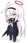  1girl a.r.o.n.a_(blue_archive) absurdres black_choker black_footwear black_jacket black_pantyhose black_sailor_collar black_serafuku black_shirt black_skirt blue_archive blush chibi choker closed_mouth commentary_request full_body grey_eyes hair_over_one_eye hair_ribbon halo hana_kazari highres jacket long_sleeves looking_away neckerchief open_clothes open_jacket pantyhose pleated_skirt ribbon sailor_collar school_uniform serafuku shadow shirt shoes simple_background skirt sleeves_past_wrists solo standing white_background white_hair white_neckerchief white_ribbon 
