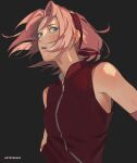  1girl artbyshinji artist_name black_background breasts commentary cropped_torso forehead_protector green_eyes hairband haruno_sakura highres naruto_(series) naruto_shippuuden pink_hair red_hairband sleeveless sleeveless_jacket small_breasts solo upper_body 