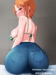  1girl armpit_crease ass ass_focus bikini bikini_top_only blue_pants blush breasts cameltoe closed_mouth denim from_behind green_bikini jeans large_breasts looking_at_viewer looking_back nami_(one_piece) one_piece orange_hair pants pantylines pigmentmizu short_hair sideboob sitting smile solo swimsuit wide_hips 
