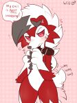  anthro blush collar collar_only english_text featureless_crotch fiddleafox generation_7_pokemon lycanroc male midnight_lycanroc nintendo nude pokemon pokemon_(species) simple_background solo speech_bubble standing tail tail_motion tailwag text 