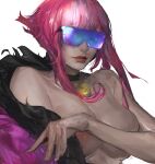  1girl absurdres breasts feather_boa highres large_breasts looking_at_viewer manon_(street_fighter) medallion off_shoulder parted_lips pendant_choker pink_hair purple-tinted_eyewear short_hair_with_long_locks sidelocks street_fighter street_fighter_6 sunglasses tinted_eyewear tristanmori01 
