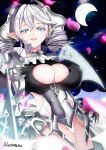  1girl armor breasts cleavage demon_girl demon_horns demon_wings duel_monster gauntlets grey_eyes hair_between_eyes highres holding holding_sword holding_weapon horns lady_labrynth_of_the_silver_castle large_breasts looking_at_viewer lovely_labrynth_of_the_silver_castle natsumikan pointy_ears solo spread_cleavage sword twintails weapon white_hair wings yu-gi-oh! 
