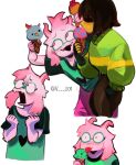  ambiguous_gender anthro big_ears bovid caprine clothing darkner deltarune dessert duo eyewear food fur glasses goat green_clothing green_shirt green_topwear head_tuft hi_res human ice_cream kris_(deltarune) licking licking_ice_cream male mammal nonbinary_(lore) pink_body pink_fur ralsei shirt simple_background sweater t-shirt tongue tongue_out topwear tuft undertale_(series) v_rawr white_background white_body white_fur yellow_body yellow_skin 