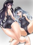  2girls akatsuki_(kancolle) anchor_symbol barefoot black_eyes black_hair black_one-piece_swimsuit breasts cameltoe covered_nipples flat_cap grey_eyes grey_hair hat hibiki_(kancolle) highres kantai_collection looking_at_viewer looking_back multiple_girls old_school_swimsuit one-piece_swimsuit school_swimsuit small_breasts spread_legs swimsuit yokareto_omotte 