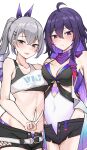  2girls absurdres ahoge asymmetrical_docking bare_shoulders belt blush breast_press breasts covered_navel earrings gradient_hair grey_eyes grey_hair highres honkai:_star_rail honkai_(series) jewelry long_hair mango_(mgo) medium_breasts midriff multicolored_hair multiple_girls navel open_fly open_mouth purple_eyes purple_hair seele_(honkai:_star_rail) short_shorts shorts silver_wolf_(honkai:_star_rail) simple_background small_breasts stomach v white_background 