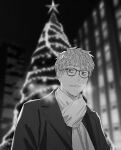  1boy bags_under_eyes bespectacled blurry blurry_background breath building christmas_tree fate/grand_order fate_(series) glasses greyscale highres ikezawa_shin jacket lapels looking_at_viewer male_focus monochrome night notched_lapels open_clothes open_jacket parted_lips saitou_hajime_(fate) scarf short_bangs short_hair smile solo upper_body 