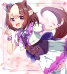  1girl animal_ears back_bow blush bow braid brown_hair cowboy_shot ear_bow french_braid frilled_skirt frills hair_between_eyes highres horse_ears horse_girl horse_tail looking_at_viewer mikumiku37 open_mouth puffy_short_sleeves puffy_sleeves purple_bow short_hair short_sleeves skirt smile solo sparkle special_week_(umamusume) tail teeth thighhighs umamusume upper_teeth_only v white_skirt white_thighhighs wrist_cuffs 