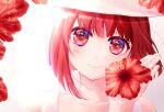  1girl arima_kana bare_shoulders bob_cut closed_mouth collarbone flower gradient_background grey_background hand_up hat head_tilt holding holding_flower looking_at_viewer open_hand oshi_no_ko portrait red_eyes red_flower red_hair short_hair slacky_y smile solo twitter_username white_background white_headwear 