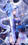  1girl absurdres bare_shoulders blue_dress breasts cleavage crystal_sword detached_sleeves dress gloves high_ponytail highres honkai:_star_rail honkai_(series) jingliu_(honkai:_star_rail) large_breasts long_hair looking_at_viewer red_eyes solo sword thighhighs thighs vardan weapon white_hair 