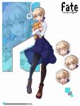  1girl :d ahoge artoria_pendragon_(fate) blonde_hair blue_skirt boots fate/stay_night fate_(series) green_eyes highres holding holding_stuffed_toy honeycomb_(pattern) honeycomb_background kore_(kore) lion saber sharp_teeth skirt smile solo stuffed_animal stuffed_lion stuffed_toy teeth 