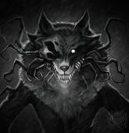  2023 alice_the_vixen anthro canid canine claws female finger_claws fox fur_collar glowing glowing_eyes greyscale hi_res light mammal monochrome monster moonlight sharp_teeth solo teeth the_creativity_reed_ar_jo tiny_bunny 