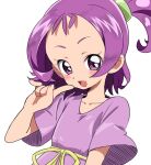  1girl :d blush commentary_request finger_to_mouth hair_tie hand_up highres kaoryu-kun looking_at_viewer ojamajo_doremi open_mouth purple_eyes purple_hair purple_shirt ribbon segawa_onpu shirt short_hair short_sleeves side_ponytail simple_background smile solo upper_body white_background yellow_ribbon 