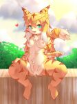  &lt;3 anthro areola blush bodily_fluids breasts felid female fur genital_fluids genitals green_eyes hair hi_res lalamedli mammal mia_(world_flipper) nipples nude pantherine pussy smile solo stripes tiger white_body world_flipper yellow_body yellow_fur 