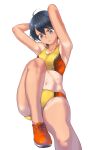  1girl :&lt; abs armpits black_hair blue_eyes fujisawa_takashi highres original short_hair solo tan tanlines track_uniform white_background 