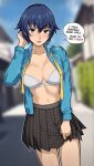  1girl black_eyes black_skirt blue_hair blue_shirt blue_sky blurry blurry_background bra breasts cleavage commentary_request cowboy_shot day english_commentary english_text highres large_breasts lepypepy long_sleeves looking_at_viewer miniskirt mixed-language_commentary open_clothes open_shirt outdoors persona persona_4 pink_lips pleated_skirt shirogane_naoto shirt short_hair skirt sky solo speech_bubble standing thighs underwear white_bra 