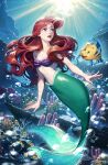  1girl absurdres ariel_(disney) bare_shoulders blue_eyes breasts cleavage earrings fins fish fish_tail flounder_(the_little_mermaid) highres jewelry long_hair looking_up mermaid midriff monster_girl open_mouth ponsu_(ponzuxponzu) red_hair red_lips shell shell_bikini shell_earrings small_breasts split_tail tail the_little_mermaid underwater 