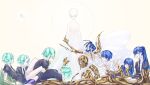  6+others age_progression androgynous aqua_hair ascot bald black_necktie blue_eyes blue_hair blunt_bangs bored bowl_cut cracked_skin crying crystal_hair curious dandelion_seed facing_viewer gem_uniform_(houseki_no_kuni) golden_arms grass halo head_rest highres hole_in_head houseki_no_kuni hunched_over liquid looking_at_another lying moon_uniform_(houseki_no_kuni) multiple_others multiple_persona necktie nogarenano on_ground on_stomach other_focus outstretched_arm parted_hair phosphophyllite phosphophyllite_(10000) phosphophyllite_(ll) ponytail profile puffy_short_sleeves puffy_sleeves reaching reclining see-through see-through_sleeves short_hair short_sleeves simple_background sitting sparkle spoilers standing straight_hair surprised torn_clothes white_ascot white_background wide_sleeves 