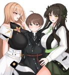  1boy 2girls absurdres ahoge between_breasts black_shirt black_survival blonde_hair blush breasts brown_hair cowboy_shot eternal_return:_black_survival eva_(black_survival) geah green_eyes grey_eyes gweon_sua hair_ornament highres huge_breasts impossible_clothes impossible_shirt isol_(black_survival) leaf_hair_ornament long_hair multiple_girls official_alternate_costume open_mouth pink_eyes shirt short_hair simple_background trench_coat very_long_hair white_background 