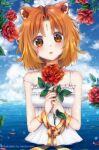  1girl animal_ears artist_name brown_eyes clip_studio_paint_(medium) cloud cloudy_sky commentary_request crying dress eye_reflection facial_mark flower forehead_mark holding holding_flower okotte-neko original parted_lips partially_submerged petals petals_on_liquid red_flower red_panda red_rose reflection rose short_hair sky solo spaghetti_strap strap_slip streaming_tears sundress tears water 