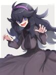  1girl @_@ absurdres ahoge black_dress black_hair breasts commentary_request dress gonzarez hair_between_eyes hairband hex_maniac_(pokemon) highres long_hair long_sleeves looking_at_viewer medium_breasts messy_hair open_mouth pokemon pokemon_(game) pokemon_masters_ex pokemon_xy purple_eyes purple_hairband purple_nails simple_background smile solo spider_web_print symbol-shaped_pupils 