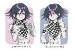 1boy 3: absurdres black_hair buttons checkered_clothes checkered_scarf cropped_torso danganronpa_(series) danganronpa_v3:_killing_harmony double-breasted hair_between_eyes hands_up highres jacket long_sleeves looking_to_the_side medium_hair multicolored_hair multiple_views oma_kokichi paw_pose pink_background pink_hair purple_background purple_eyes sad scarf teeth translation_request ttegi_(ddeck_dg) two-tone_hair white_background white_jacket 