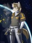  anthro backlighting belt blue_eyes bodysuit brown_body brown_fur brown_tail cammyjazz canid canine canis cheek_tuft claws clothed clothing cosmic_background digital_drawing_(artwork) digital_media_(artwork) digital_painting_(artwork) exogrid facial_tuft fur gun handgun head_tuft hi_res holding_gun holding_handgun holding_object holding_pistol holding_weapon hybrid laser_sight light lighting looking_away male mammal muscular muscular_male neck_tuft notched_ear painting_(artwork) pistol planet railgun ranged_weapon reflection science_fiction shaded skinsuit solo space space_background spacesuit star tail teeth teeth_showing tight_clothing traditional_media_(artwork) trigger_discipline tuft uniform weapon white_eyes wolf zenith_(exogrid) 