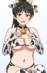 1girl animal_ears animal_print bare_shoulders bell bikini black_hair breasts collarbone cow_ears cow_horns cow_print cowbell ear_tag elbow_gloves fake_animal_ears fake_horns gloves hazuki_ren high_ponytail horns jewelry large_breasts light_blush long_hair looking_at_viewer love_live! love_live!_superstar!! navel neck_bell open_mouth partially_fingerless_gloves ponytail ring sitting solo swimsuit thighhighs turkey_min white_background yellow_eyes 