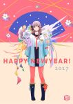  1girl 2017 black_bow black_eyes black_sailor_collar black_skirt blue_footwear boots bow brown_hair floral_print flower full_body gradient_clothes hair_bow hair_ornament haori happy_new_year highres japanese_clothes knee_boots leggings light_smile long_sleeves necktie nengajou new_year original pleated_skirt polka_dot polka_dot_bow red_bow red_leggings red_necktie ribata sailor_collar school_uniform serafuku shirt signature skirt solo stamp_mark standing uniform white_shirt 