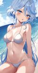  1girl ahoge bare_arms bare_legs bare_shoulders beach bikini blue_eyes blue_hair blush breasts cloud collarbone cowboy_shot furina_(genshin_impact) genshin_impact hair_between_eyes head_tilt heterochromia highres light_blue_hair long_hair looking_at_viewer medium_breasts multicolored_hair navel open_mouth outdoors sand simple_background sky solo standing stomach streaked_hair swimsuit thighs water white_background white_bikini ya_ta 