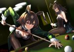  2girls akaya_shiki animal_ears ball billiard_ball billiards black_bow black_bowtie black_coat black_leotard bow bowtie breasts brown_hair cigarette coat coattails commentary_request cowboy_shot cue_stick detached_collar dutch_angle green_coat highres holding_cue_stick horse_girl large_breasts leotard long_hair mouth_hold multicolored_hair multiple_girls nakayama_festa_(umamusume) pantyhose playboy_bunny playing_games pool_table purple_eyes rabbit_ears rabbit_tail red_eyes sirius_symboli_(umamusume) sitting strapless strapless_leotard table tail tailcoat umamusume wrist_cuffs 