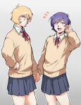  2boys :d blonde_hair blue_eyes blue_skirt cardigan char_aznable collared_shirt crossdressing garma_zabi gradient_background grey_background grey_eyes gundam hand_on_own_hip holding_hands kade_punch long_sleeves looking_at_viewer male_focus mobile_suit_gundam multiple_boys neck_ribbon notice_lines open_mouth outline pleated_skirt purple_hair red_ribbon ribbon school_uniform shirt short_hair simple_background skirt smile white_background white_outline white_shirt yellow_cardigan 