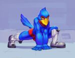  absurd_res anthro avian beak blue_body boots bulge clothed clothing falco_lombardi footwear green_eyes hi_res kyomiqc looking_at_viewer male nintendo partially_clothed solo star_fox stretching underwear 