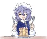  1girl blue_hair blue_vest butter_knife closed_eyes cutlery food fork knife koyane_(silver81106) lapel_pin letty_whiterock long_sleeves medium_hair open_mouth pancake pancake_stack plate shirt solo touhou triangular_headpiece vest white_headwear white_shirt 