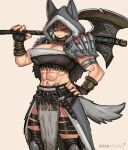  1girl abs absurdres animal_ears axe barbarian black_nails bracelet breasts cleavage crop_top ezzyecchi fingerless_gloves gloves grey_hair hand_on_own_hip highres hood jewelry knife large_breasts looking_at_viewer muscular muscular_female one_eye_closed orange_eyes original over_shoulder pelt scar scar_across_eye signature smile solo tail weapon weapon_over_shoulder wolf_ears wolf_girl wolf_pelt wolf_tail 