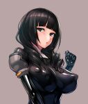  1girl bangs black_bodysuit black_eyes black_gloves black_hair blunt_bangs bodysuit breasts brown_background clenched_hand covered_nipples gloves head_tilt large_breasts latex latex_bodysuit looking_at_viewer medium_hair open_mouth original portrait rindou_(radical_dream) skin_tight solo 