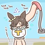  1boy 1girl animal_ears bathroom blush_stickers bow brown_hair bubble commentary deformed ear_bow flipped_hair hair_over_one_eye horse_ears horse_girl long_hair muji outline pun rice_shower_(umamusume) shower_head sin_sack sound_effects swept_bangs t-head_trainer too_literal translation_request umamusume washing_hair yellow_bow |_| 