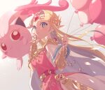  1girl armor balloon belt blonde_hair blue_eyes dress earrings gold_trim highres holding holding_balloon jewelry jigglypuff long_hair looking_at_viewer miri_(cherryjelly) multicolored_clothes multicolored_dress pink_dress pointy_ears pokemon pokemon_(creature) princess_zelda red_eyes shawl short_sleeves shoulder_armor smile sunlight super_smash_bros. the_legend_of_zelda tiara triforce upper_body white_dress white_shawl 