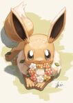  :3 animal_focus artist_name brown_eyes closed_mouth commentary_request eevee flower flower_wreath full_body highres ikei leaf looking_at_viewer lying mouth_hold neck_fur no_humans on_side pink_flower pokemon pokemon_(creature) red_flower signature solo white_flower yellow_flower 