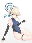  1girl bare_shoulders black_gloves blonde_hair blue_archive blue_eyes blue_halo blue_leotard blue_ribbon blunt_bangs breasts bun_cover closed_mouth commentary_request covered_navel elbow_gloves fingerless_gloves gloves hair_ribbon halo highleg highleg_leotard highres leotard looking_at_viewer maid_headdress ribbon simple_background sitting small_breasts solo thigh_strap toki_(blue_archive) v white_background xinger_(user_ftme8238) 
