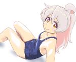  1girl ahoge bare_shoulders blue_one-piece_swimsuit breasts bright_pupils cleavage closed_mouth colored_inner_hair grey_hair hair_between_eyes long_hair mizumori_keiichi multicolored_hair one-piece_swimsuit onii-chan_wa_oshimai! oyama_mahiro pink_hair red_eyes small_breasts smile solo swimsuit two-tone_hair yellow_eyes 
