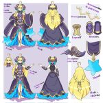  ahoge ailheim anklet armlet bare_shoulders barefoot blonde_hair bracelet bracer corruption cygames dark_persona dragalia_lost dress english_text hair_ornament highres horns jewelry legs long_hair midriff morsayati nail nail_polish navel nintendo possessed purple_background purple_dress purple_nails red_eyes reference_sheet shawl standing star_(symbol) zethia 