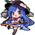  1girl :d ahiru_tokotoko black_headwear blue_hair bow bowtie brown_footwear chibi commentary_request food fruit full_body highres hinanawi_tenshi holding holding_sword holding_weapon keystone leaf looking_at_viewer open_mouth peach peach_hat_ornament pixel_art red_bow red_bowtie red_eyes shirt short_hair short_sleeves simple_background smile solo sword sword_of_hisou touhou weapon white_background white_shirt 