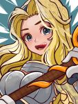  1girl :d absurdres blonde_hair blue_eyes chest_armor demacia_(league_of_legends) gloves highres holding holding_wand kawaguti_kappa league_of_legends looking_at_viewer lux_(league_of_legends) parted_bangs smile solo teeth upper_body wand white_gloves 