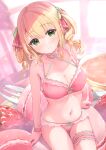  1girl absurdres bangs blonde_hair blurry blurry_background bra breasts bridal_garter candy cleavage collarbone commentary_request food fork frilled_bra frilled_panties frills fruit fujinomiya_rio green_eyes hair_ribbon highres lingerie long_hair looking_at_viewer macaron medium_breasts navel original oversized_food oversized_object panties parted_lips pink_bra pink_panties revision ribbon sitting solo stomach strawberry sweets teeth twintails underwear underwear_only 