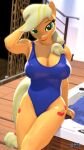  3d_(artwork) anthro anthrofied anthroponiessfm applejack_(mlp) blonde_hair breasts cleavage clothed clothing digital_media_(artwork) equid equine female friendship_is_magic hair hasbro hi_res mammal my_little_pony one-piece_swimsuit orange_body solo swimwear 