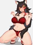  1girl :d animal_ear_fluff animal_ears averting_eyes black_choker black_hair bra breasts choker claw_pose female_pubic_hair hair_ornament hairclip highres hololive large_breasts long_hair multicolored_hair ookami_mio panties pubic_hair pubic_hair_peek red_bra red_hair red_nails red_panties shoes simple_background smile solo squatting streaked_hair tail underwear varniskarnis very_long_hair virtual_youtuber white_background white_footwear wolf_ears wolf_tail 