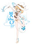  1girl alternate_costume animal_ears bare_legs bare_shoulders bikini blonde_hair blue_bow blush book bow bowtie cat_ears cat_girl detached_sleeves footwear_bow full_body hat hat_bow high_heels highres japari_symbol kemono_friends midriff notora open_mouth print_bikini print_bow print_bowtie puffy_short_sleeves puffy_sleeves serval_(kemono_friends) serval_print short_hair short_sleeves smile solo standing standing_on_one_leg swimsuit tail wand water wedge_heels white_footwear white_headwear witch_hat yellow_eyes 
