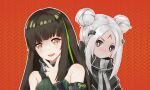  2020 2girls alternate_hairstyle black_capelet blush brown_eyes brown_hair capelet chinese_commentary closed_mouth commentary_request dark_skin double_bun elisa_(girls&#039;_frontline) facial_mark forehead_mark girls&#039;_frontline green_hair green_sweater hair_bun hair_ornament highres long_hair looking_at_viewer m4a1_(girls&#039;_frontline) m4a1_(mod3)_(girls&#039;_frontline) mask multicolored_hair multiple_girls open_mouth orange_background parted_bangs re_dmoon sangvis_ferri skull_mask sleeveless sleeveless_sweater smile streaked_hair sweater teeth upper_body upper_teeth_only v v_over_mouth white_hair 