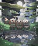  alternate_color closed_eyes cloud dew_drop full_moon highres leaf moon night open_mouth outdoors plant pokemon pokemon_(creature) reflection reflective_water reo_(mmocc123) rowlet water water_drop 